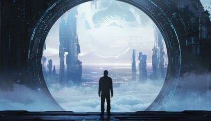 Wall Mural - A man stands in front of a large, circular building by AI generated image