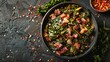 Savory and tender collard greens cooked with smoked meat, onions captured from above, styled on an isolated background for visual appeal