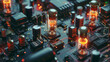 electrical circuitry from its analog origins to modern digital technology. Showcasing vintage vacuum tubes and analog components transitioning into sleek, miniature microchips and integrated circuits.