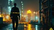A security guard patrols an industrial facility at night, ensuring the area is secure