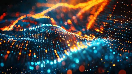 Glowing data binary code background with digital particles and orange lights