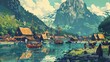 A pixelated Viking village with craftspeople, longboats, and fjord views