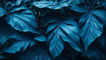 Sticker - Group background of dark green tropical leaves in close-up. (Monster, palm, coconut leaf, fern, palm leaf, banana leaf) Nature concept. Tropical forest blue leaf natural illustration