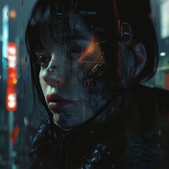 Poster - A woman with a face made of computer graphics