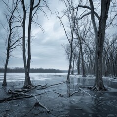 Poster - A forest with a lake in the background