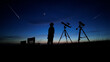 Amateur astronomer looking at the evening skies, observing planets, stars, Moon and other celestial objects with a telescope and camera on a star tracker.