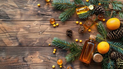 Poster - Organic Cosmetics Concept Fir Tree and Cones Essential Oils with Lemon and Sea Buckthorn Extracts on Wooden Background