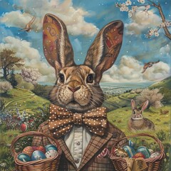 A painting of a rabbit wearing a suit and bow tie holding baskets of Easter eggs