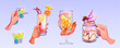 Hand hold cocktail glass for toast drink on party illustration. Woman celebrate birthday with juice beverage or alcohol. Isolated lady part and pink sangria, shot or champagne with orange fruit set