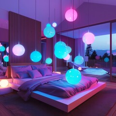 Poster - A bedroom with a bed and a lot of colorful lights hanging from the ceiling