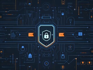 Wall Mural - cyber protection banner, featuring a simple line design with digital locks and shields