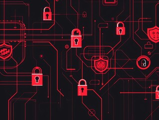 Wall Mural - cyber protection banner, featuring a simple line design with digital locks and shields