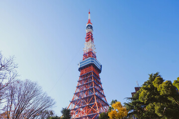 Tokyo Tower with blue sky in Tokyo. The structure is an Eiffel Tower-inspired lattice tower