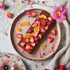 Wall Mural - A chocolate cake with strawberries and oranges on top of a plate