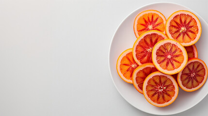 Wall Mural - Blood orange slices in a bowl on a white table top view space on the left