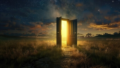 Wall Mural - A door is open in a field of grass by AI generated image