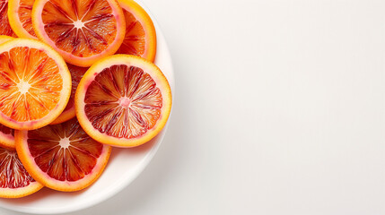 Sticker - Blood orange slices in a bowl on a white table top view space on the right