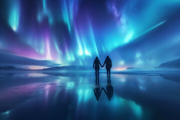Wall Mural - silhouette of female couple standing on ice of lake on background of bright polar northern lights in