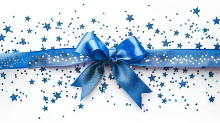 Bow made from blue ribbon, holiday concept background. Gender reveal concept.