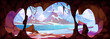 View from inside of underground cave on winter landscape with rocky mountains and lake or river covered with snow. Cartoon vector illustration of northern hills scenery through grotto entrance.