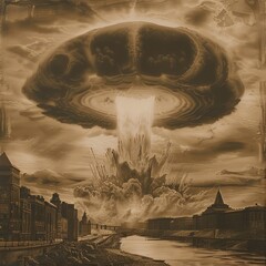 A large explosion is depicted in the sky above a city