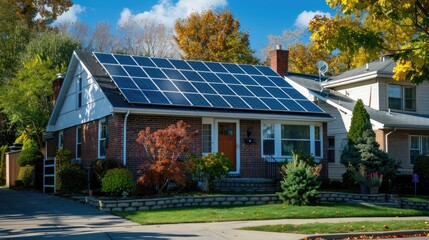 Wall Mural - Solar panels on a suburban house, symbolizing environmental consciousness.