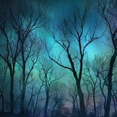 Canvas Print - A dark forest with trees and a blue sky