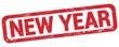 NEW YEAR text written on red rectangle stamp.