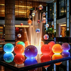 Canvas Print - A luxury hotel lobby where the centerpiece is a stunning fountain surrounded by elegantly lit colorful spheres, creating a welcoming atmosphere. 