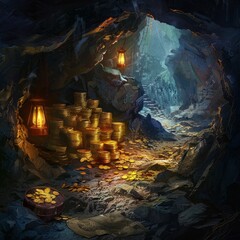 Sticker - A cave with a lantern and gold coins