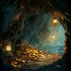 Canvas Print - A cave with a pile of gold coins and lanterns