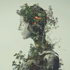 Wall Mural - A woman's face is covered in leaves and flowers