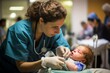 © Hanna Haradzetska - Photo of an infant, aged 1, from Spain, being held by their mother in the pediatric ward, receiving care from the medical staff
