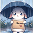 Like me - Ein Kaninchen steht mit Schirm im Regen mit der Bitte um ein Like