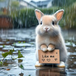 Like me - Ein Küken stehLike me - Ein Kaninchen steht im kalten Regen und bittet um ein Like