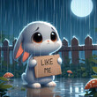 Like me - Ein süßes Kaninchen mit herzzereißendem Blick und hängenden Ohren steht im kalten Regen und bittet um ein Like