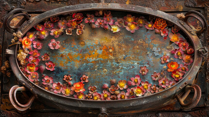 A metal bowl filled with flowers and water. The bowl is old and rusted, but the flowers are still beautiful. The scene is peaceful and calming