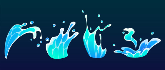 Cartoon water splash and surf wave. Cute comic sea or ocean liquid swirl effect with spray and drops. Blue stream flow for animation or game ui design. Tidal flood falling with foam and ripple.