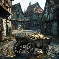 Poster - A wagon full of gold coins is sitting on a cobblestone street