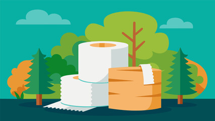 A stack of paper towels next to a tree stump representing the destruction of forests for paper production.