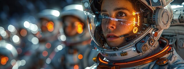 Machine learning in space tech, astronauts training with AI, sci-fi setting. Hyperdetailed. Photorealistic. HD. super detailed