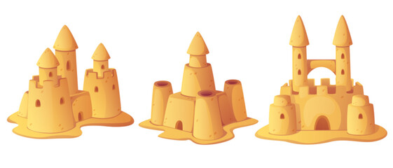 Sand castles set isolated on white background. Vector cartoon illustration of beach sculptures in shape of medieval fortress with towers, childhood fun, fairytale architecture, resort design elements