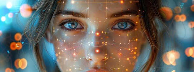 Neural network facial recognition software demo, public, interactive display. Hyperdetailed. Photorealistic. HD. super detailed
