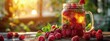 Raspberry iced tea, with fresh raspberries, in a mason jar. Hyperdetailed. Photorealistic. HD. super detailed