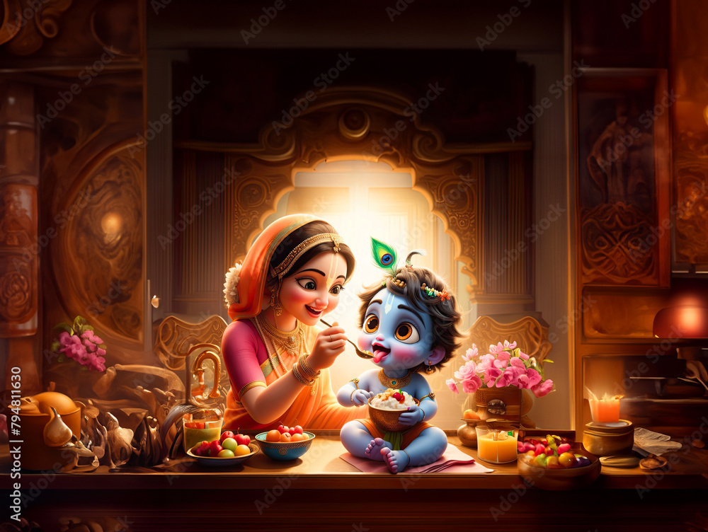 Foto De Stock Mother Yashoda Feeding Her Beloved Child Little Krishna 