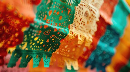 A close-up of Mexican flags and papel picado decorations, symbolizing Cinco de Mayo. 