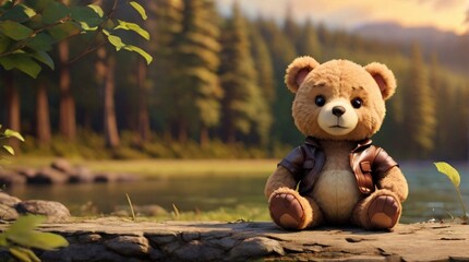 Wall Mural - A cute teddy bear sits in nature background