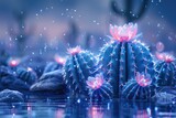 Enchanting Desert Nightscape with Bioluminescent Cacti and Magical Lights