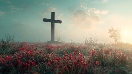 Wall Mural - Ascension day concept. The cross on meadow autumn background