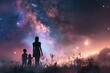 a woman and two children standing in a field under a night sky